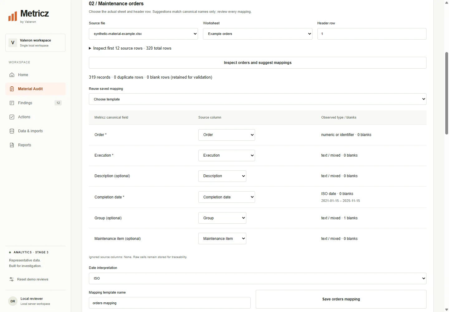 Uploaded workbook mapping in Metricz