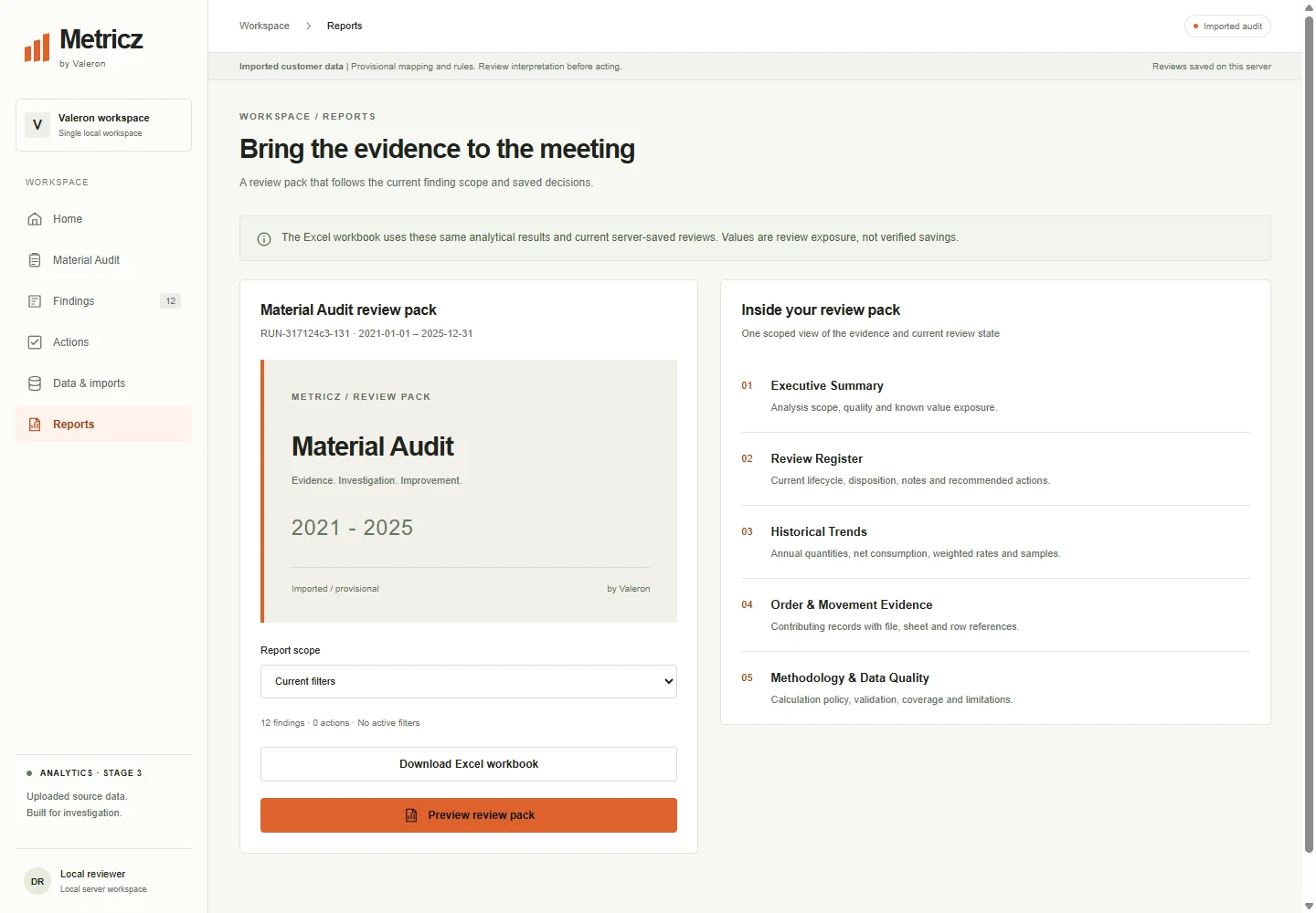 Excel review pack in Metricz
